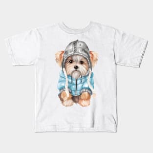 Watercolor Cozy Yorkshire Terrier Dog Kids T-Shirt